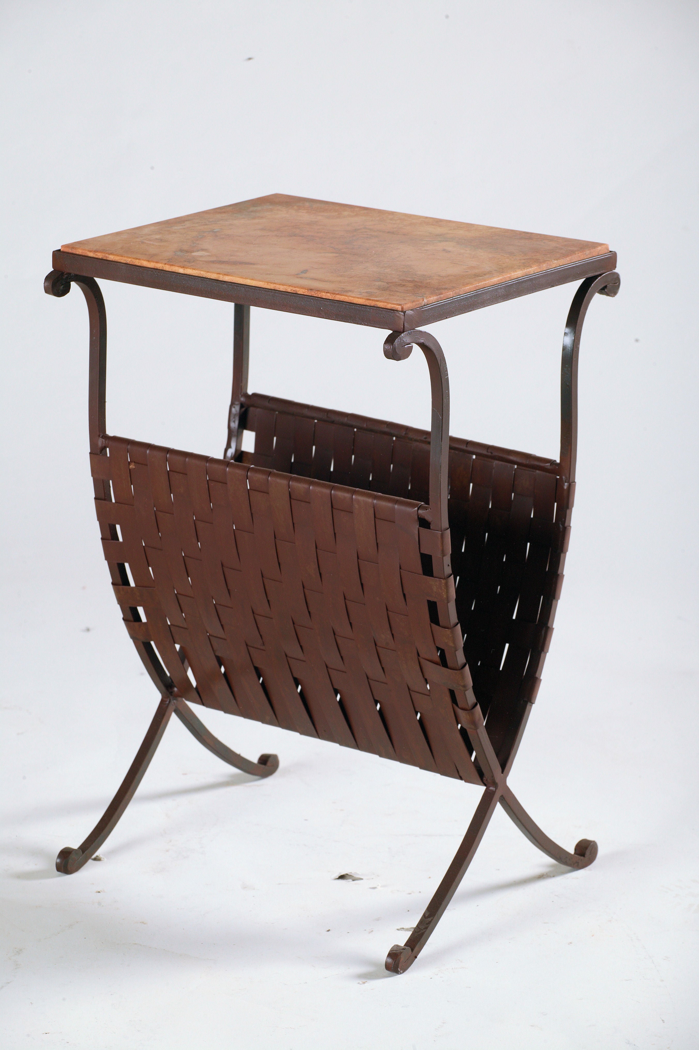 WOVEN MAGAZINE RACK. METAL BASE TRAVERTINE OR COPPER TOP Forja del Sol